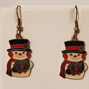Christmas Snowman Dangle Earrings Festive Winter Holiday Enamel Charm Fishhook